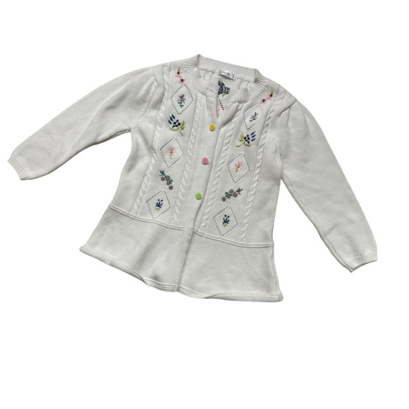 Zebra Fish white Floral Knit Cardigan Sweater Button Up Embroidered Girls Sz 8-9 - Picture 1 of 6